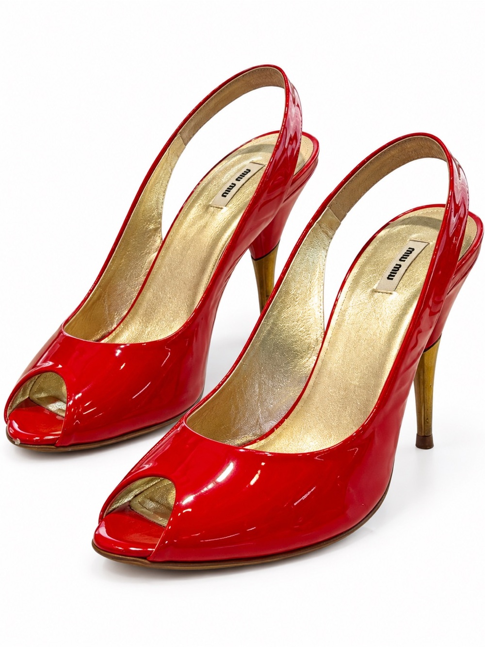 Miu Miu Red Patent Leather Peep-Toe Slingback Pumps | Gold Heels |US 9
